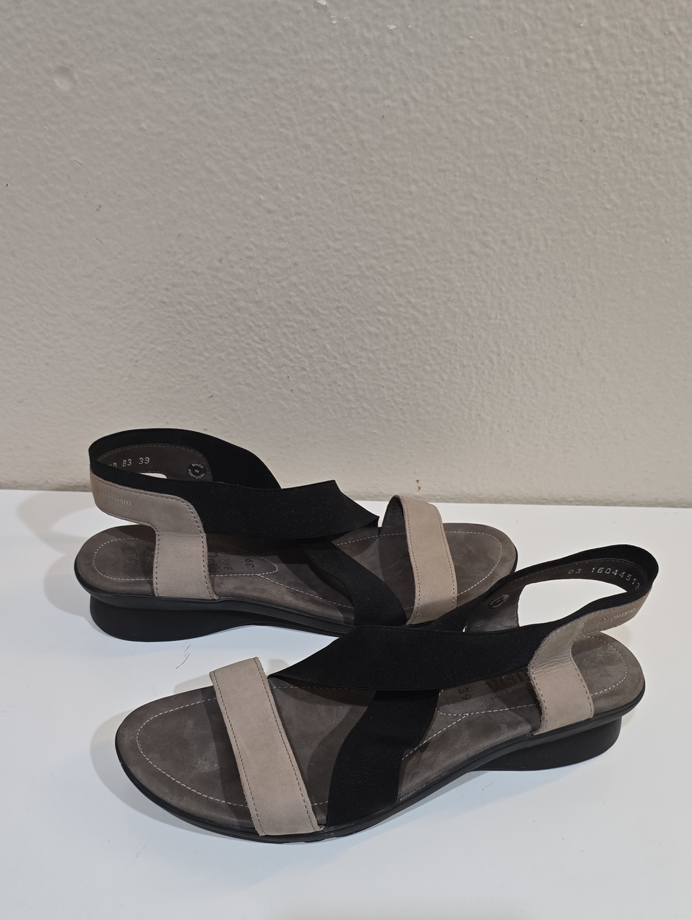 Mephisto Black and Taupe Slingback Elastic Crossover Sandal